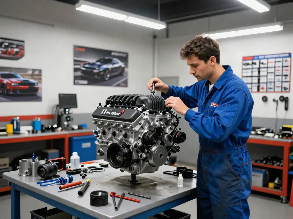 Hellcat engine for sale prominently displayed in a workshop with a mechanic inspecting it, surrounded by tools and parts.