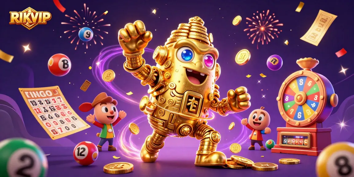 Experience exciting wins with RIKVIP's 3D gaming elements, including golden golems and vibrant lottery balls.
