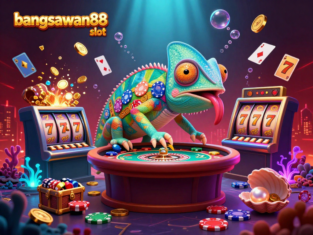 Experience exciting wins with bangsawan88 slot, featuring a vibrant 3D chameleon casino owner in action.