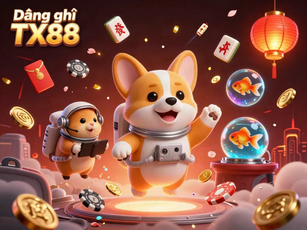 Engage in thrilling gaming with Đăng ký TX88 featuring floating coins and 3D casino characters.