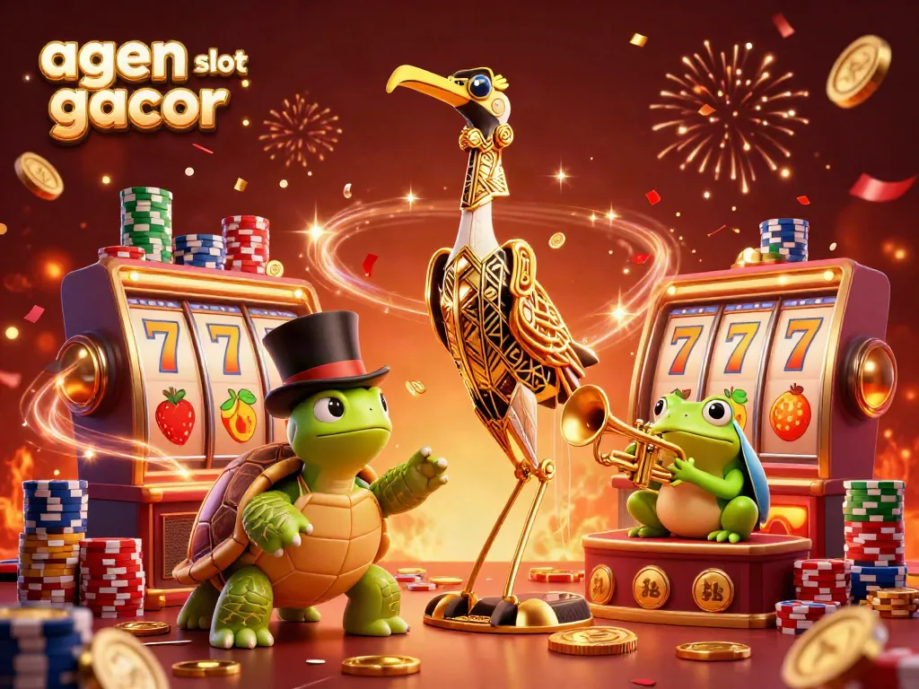 Experience agen slot gacor as colorful slot reels, poker chips, and lively characters create an engaging casino atmosphere.