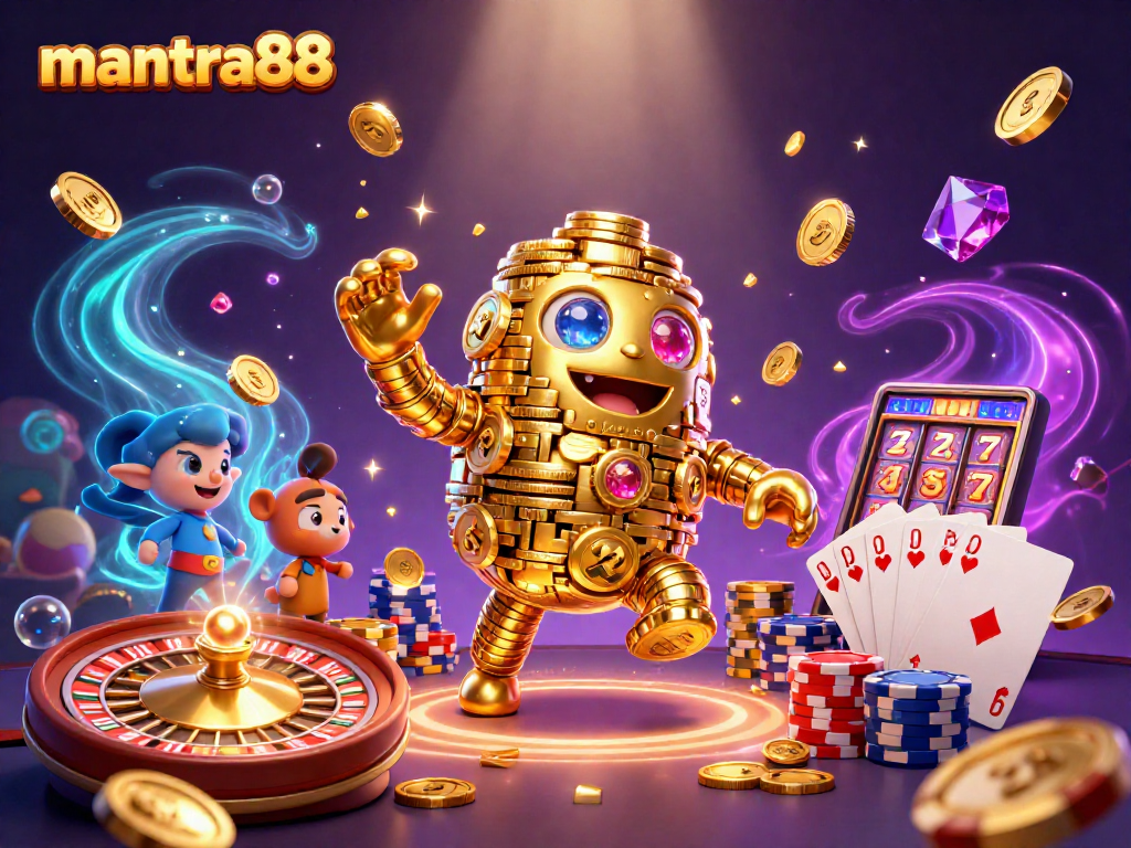 Experience premium gaming with mantra88's vibrant 3D casino scene featuring slot symbols and gold coins.