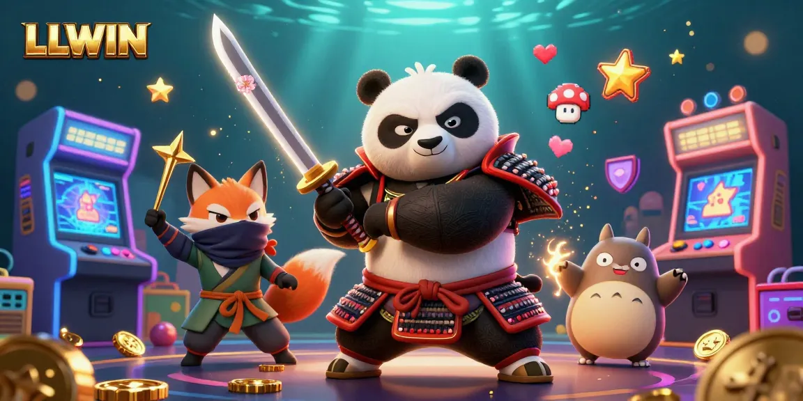 Experience immersive fun with LLWIN as the samurai panda and ninja fox play games in a vibrant casino.