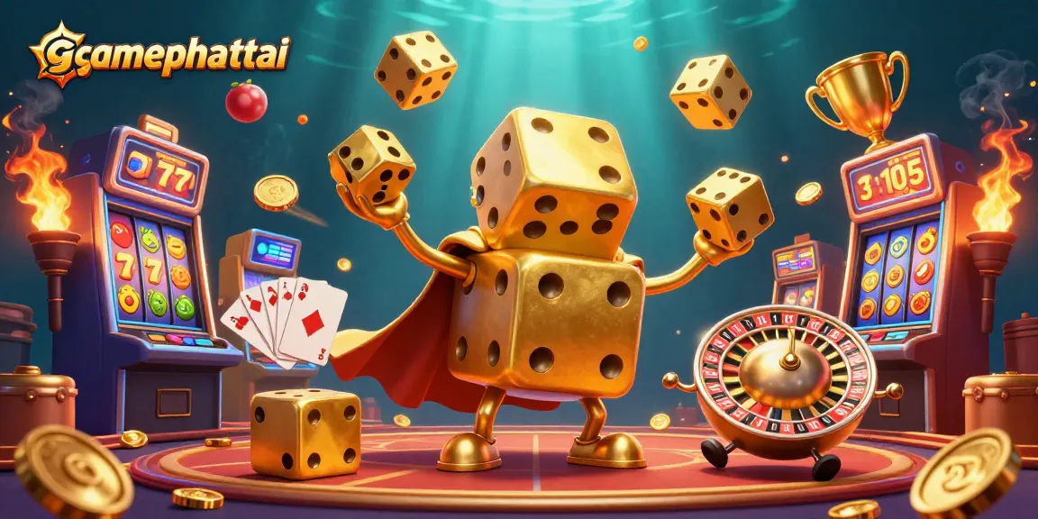 Experience gamephattai featuring a golden dice golem juggling dice, surrounded by dynamic casino elements.