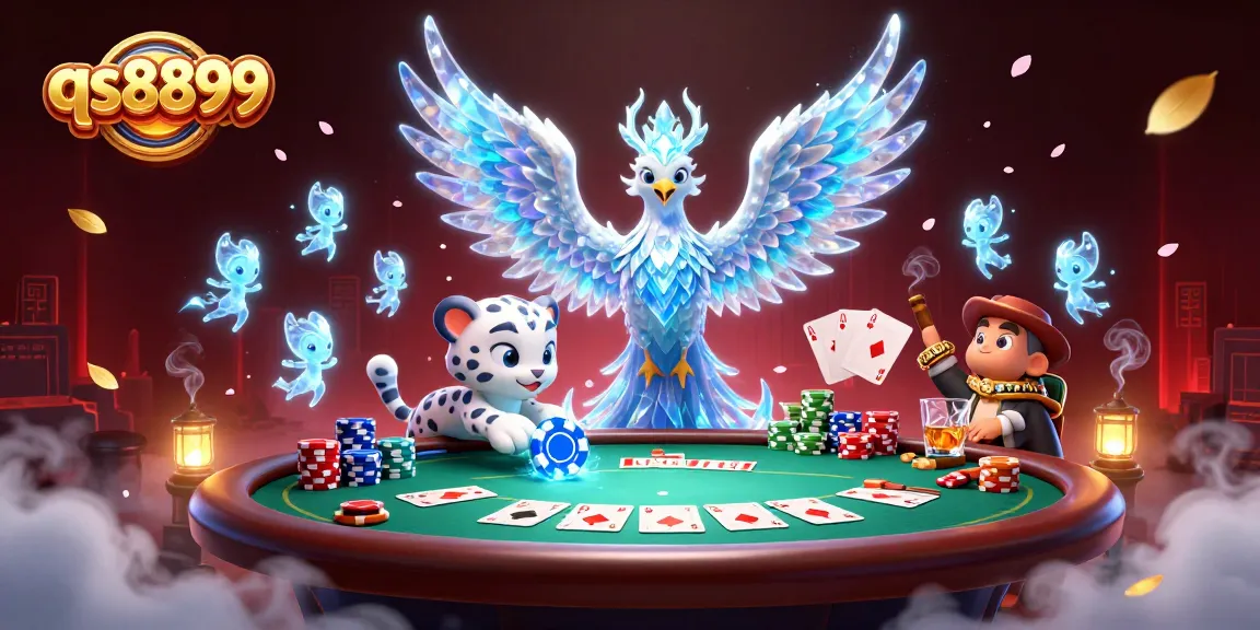 Engage in thrilling poker action with qs8899 featuring a colorful scene of an ice phoenix, poker elements, and dynamic sprites.