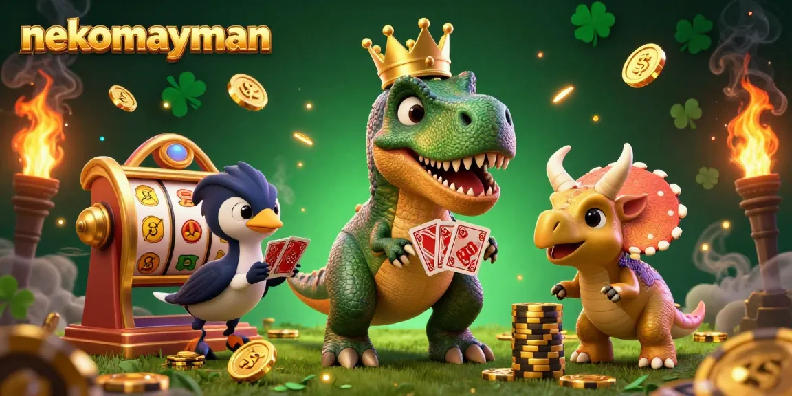 Experience thrilling wins with nekomayman as the T-Rex and friends shuffle cards amid a vibrant gaming scene.