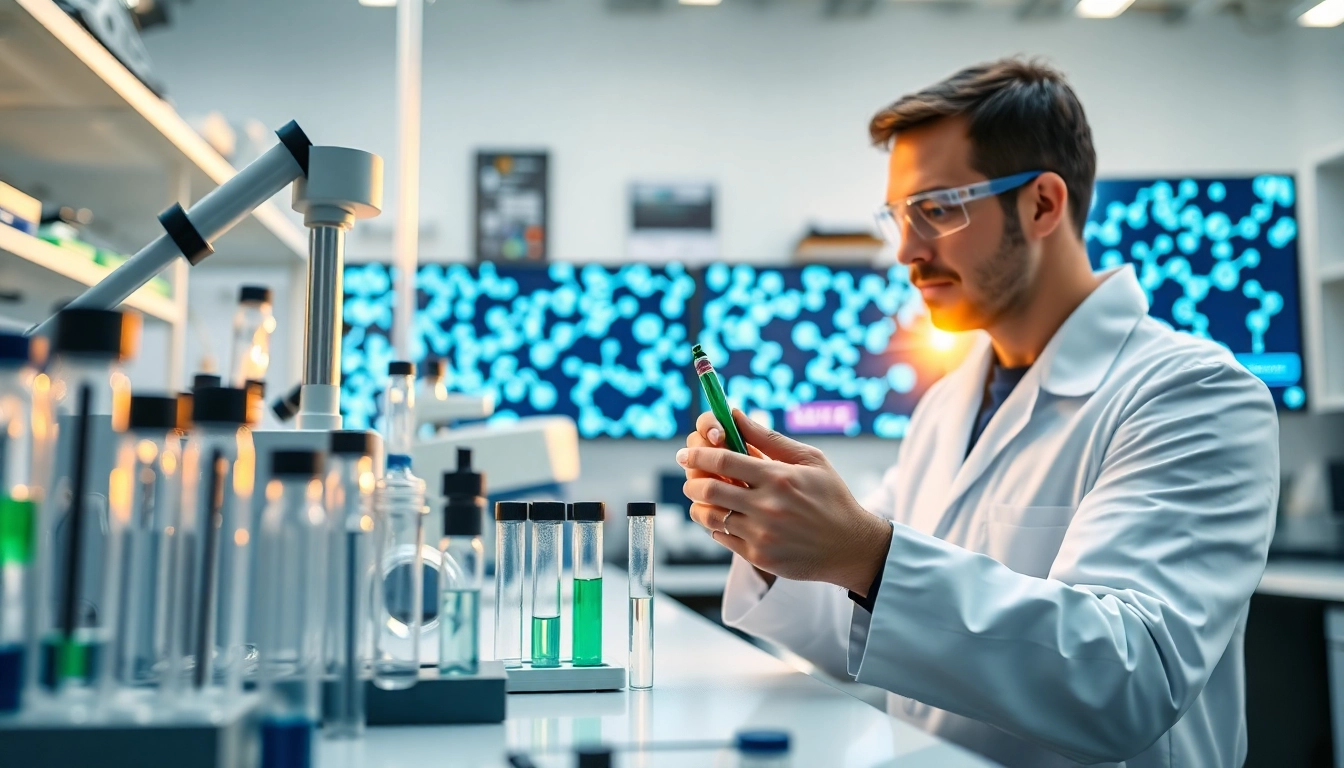 Analyze amc peptide with advanced lab equipment in a bright, high-tech laboratory.