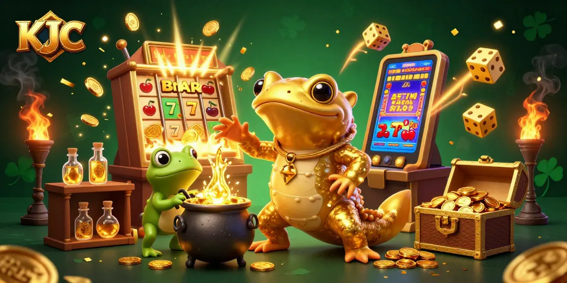KJC stimulates excitement with a golden alchemist, jackpot-filled slot machine, and vibrant gaming elements.