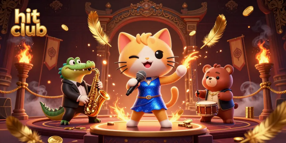 Experience the thrill at hit club with a lively 3D casino scene featuring jazz-singer cat and animated characters.