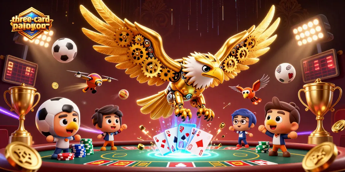Engage in three-card-poker with vibrant holographic cards and rich casino elements in a dynamic 3D scene.