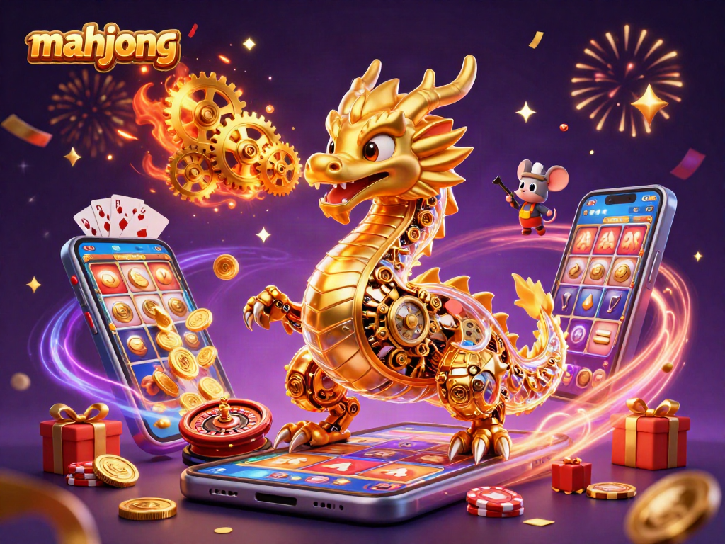 Engage in mahjong with a vibrant scene featuring a dragon and gaming elements for a thrilling experience.