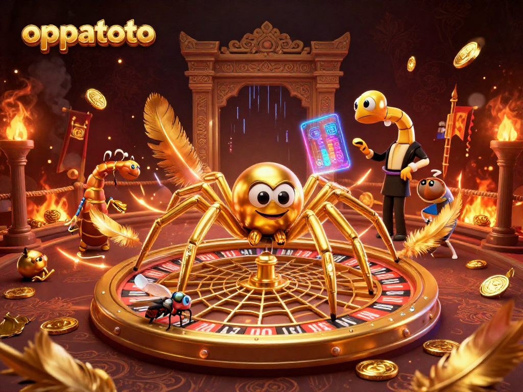 Bet on oppatoto in a vibrant 3D casino featuring a spider wheel and dynamic croupier.