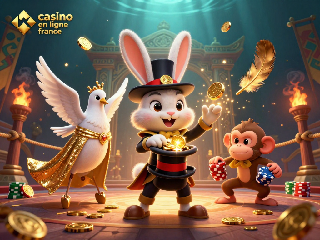 Des jeux captivants sur casino en ligne France avec un magicien, une colombe, et un singe malicieux, entourés de jetons et de pièces d'or.