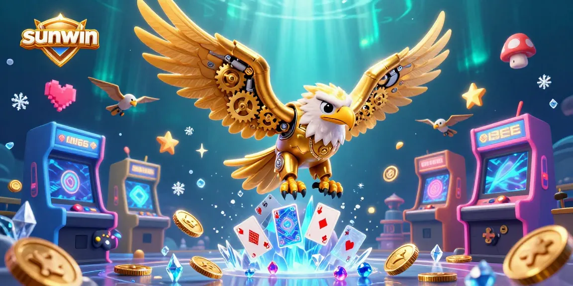 Engage with sunwin's vibrant 3D casino experience as a golden eagle dives through holographic cards.