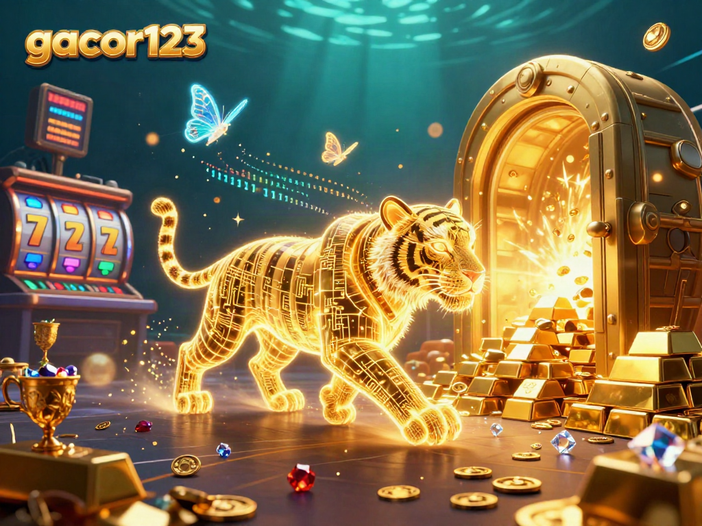 Experience thrilling action at gacor123 with a neon tiger and treasures in a vibrant digital casino.
