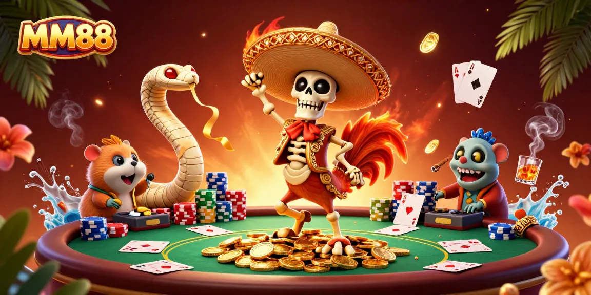 Experience thrilling wins at MM88 with vibrant characters surrounded by poker elements and riches
