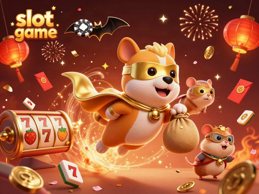Experience exhilarating slot game action with a superhero dog and hamster amidst vibrant casino elements.