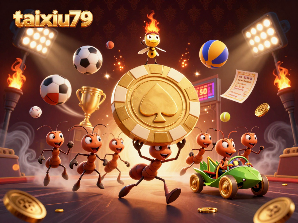 Engage with taixiu79 as ants navigate a heist through vibrant casino elements, showcasing betting excitement.