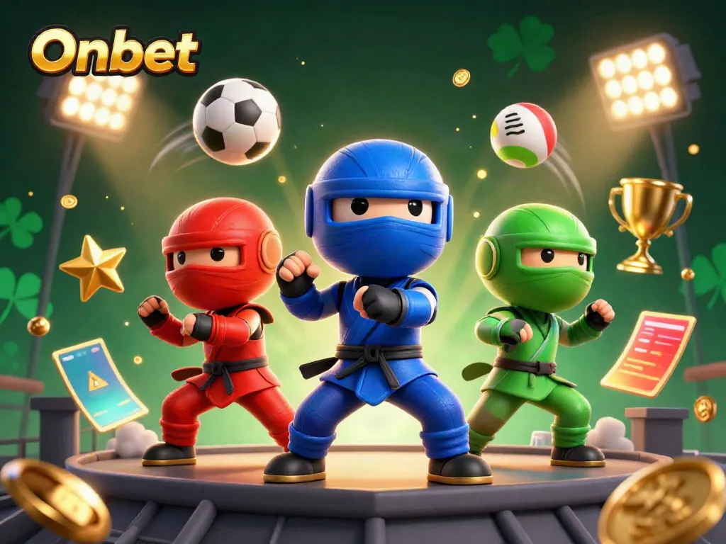 Experience thrilling action with Onbet as cartoon chameleons duel among sports elements in a vibrant casino scene.