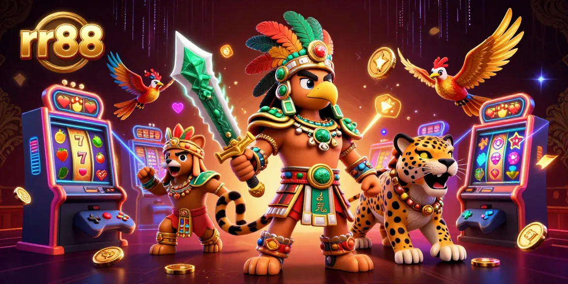 Play slot games with rr88 featuring an Aztec warrior and vibrant casino elements.