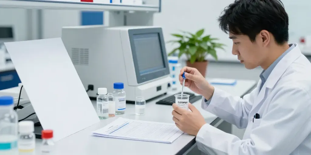 Research scientist working with Swiss Chems peptides in a modern lab environment.