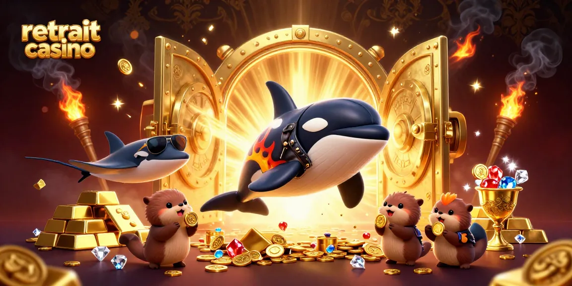 Retrait crypto casino : un orque et des animaux marins célèbrent les gains dorés dans une scène dynamique.