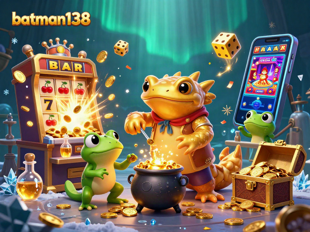 Experience top-tier gaming at batman138 with vibrant slots and jackpot excitement in a fantastical scene.