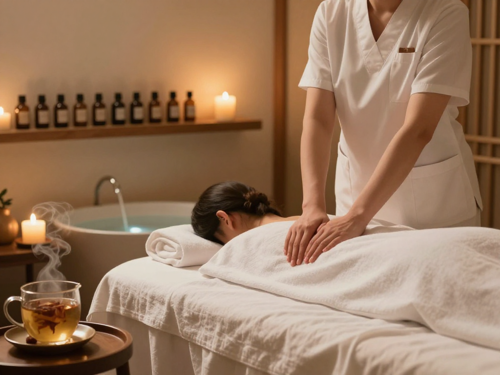 Serene spa room with professional therapist preparing for mantra88 relaxation massage session.