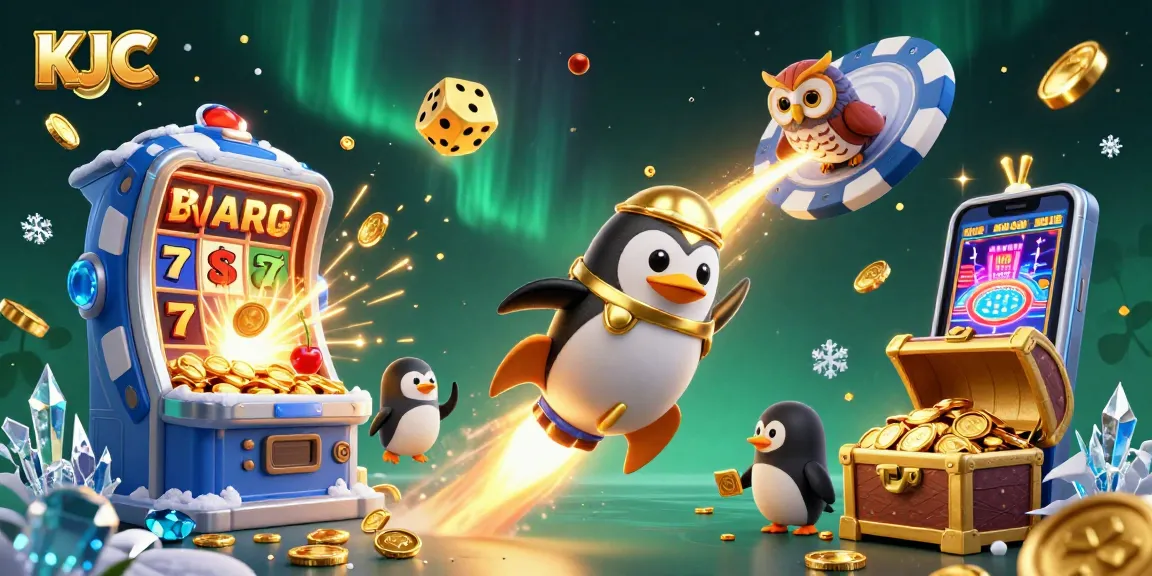 KJC's engaging scene features a golden penguin astronaut, jackpot slots, and vibrant casino elements.