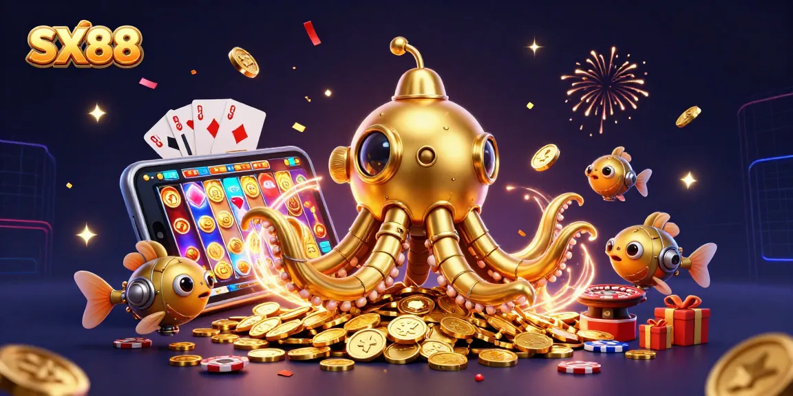 SX88 brings excitement with a golden kraken submarine and vibrant gaming elements underwater.