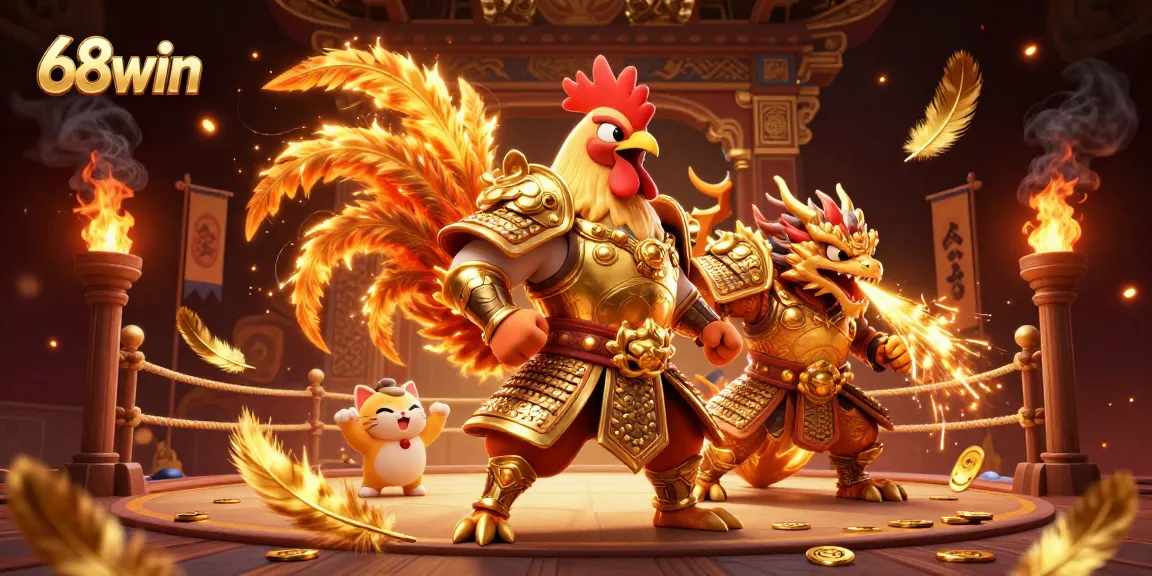 Experience excitement with 68win’s fighting rooster warrior in a lavish 3D arena scene.