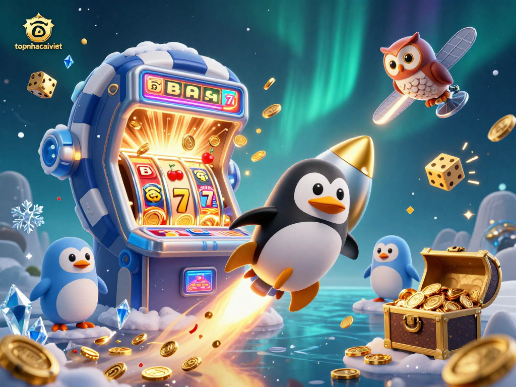 Engage with topnhacaiviet through a vibrant 3D illustration of a rocket-powered penguin in a casino scene.