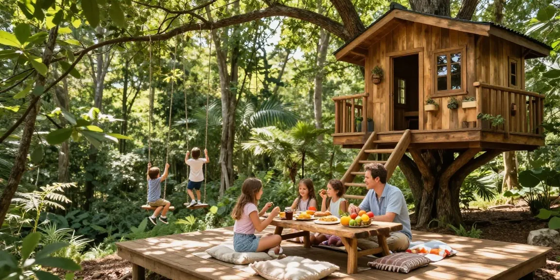 Family enjoying tree house life with picnic in a lush forest setting.