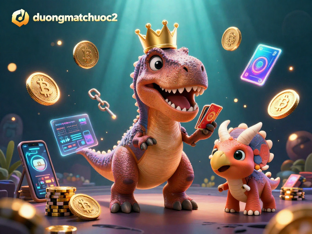 Engage with duongmatchuoc2 as a T-Rex plays cards with a pterodactyl assistant in a vibrant casino scene.