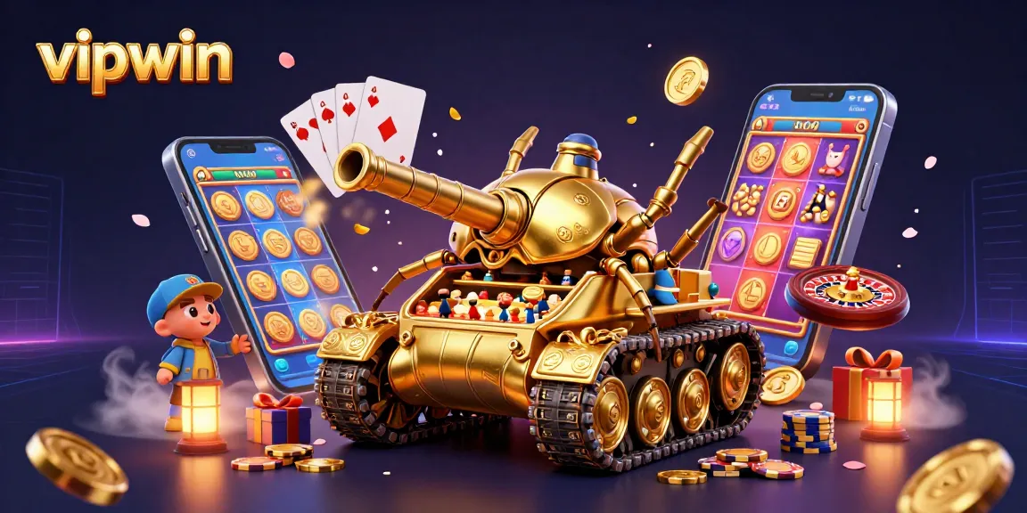Experience the excitement of vipwin with a golden beatle tank revealing a casino scene filled with games and confetti.