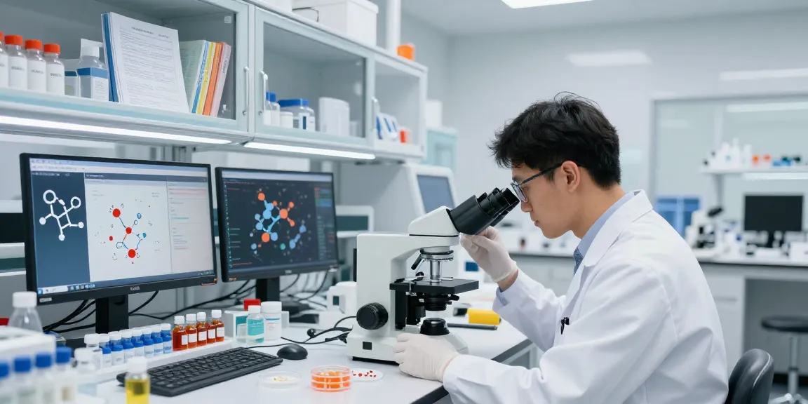 Detailed laboratory scene analyzing GHK-Cu peptide samples, showcasing modern health research and innovation.