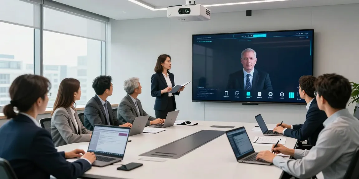 Deepfake protected Conferencing: Professionals engaging in a secure video meeting with advanced technology.