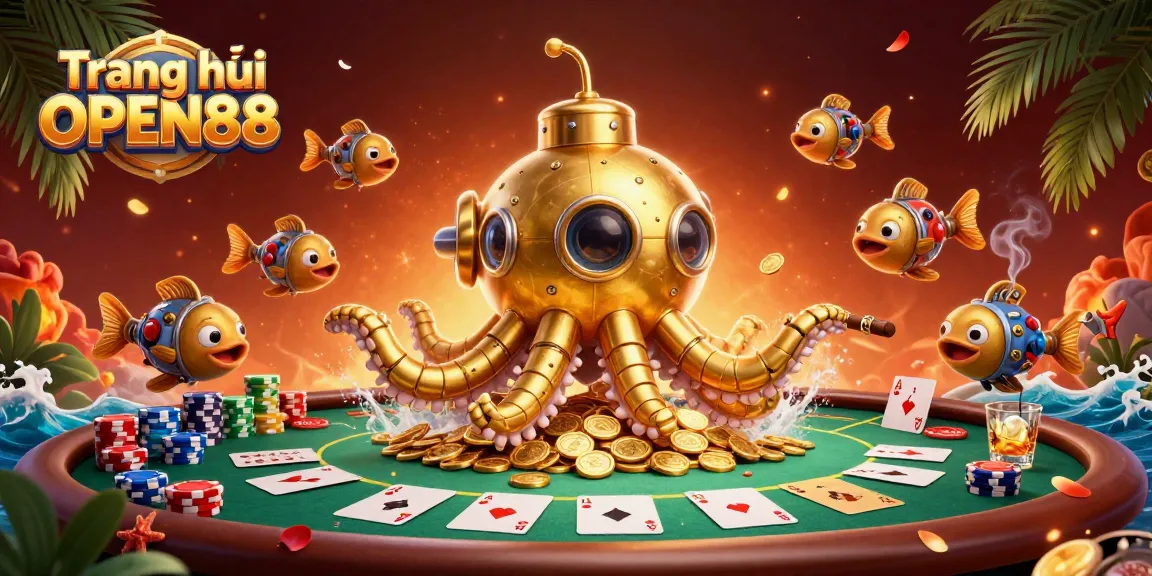 Engage with Trang chủ OPEN88 through a vibrant poker scene featuring a golden kraken submarine with coins.