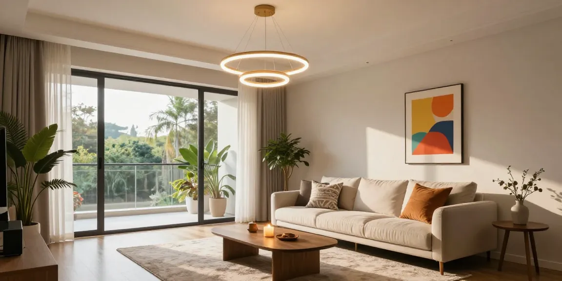 Lustra LED modernă în living, cu iluminat cald, canapea confortabilă și plante decorative.