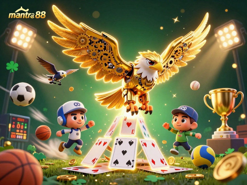 Engage in mantra88's electrifying gameplay with a golden eagle diving through dynamic sports elements.
