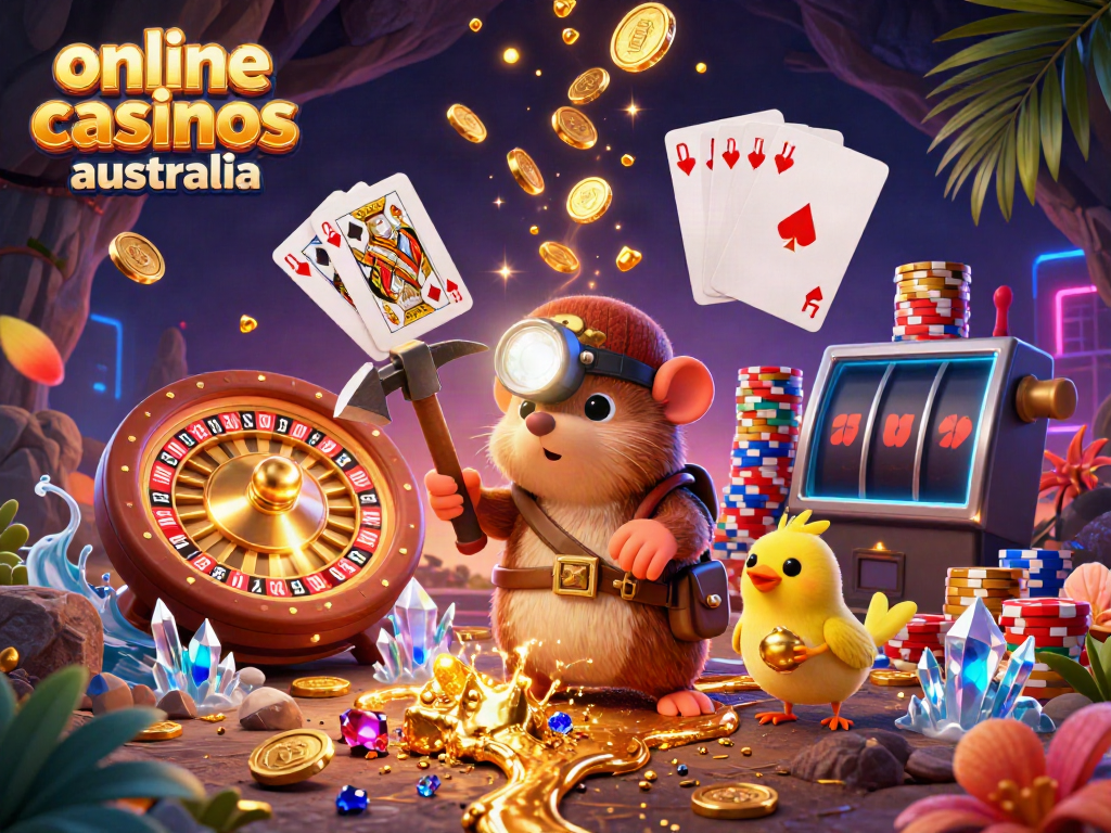 Experience the thrill of online casinos in Australia with a treasure hunter mole and canary amidst a dazzling display of gaming elements.
