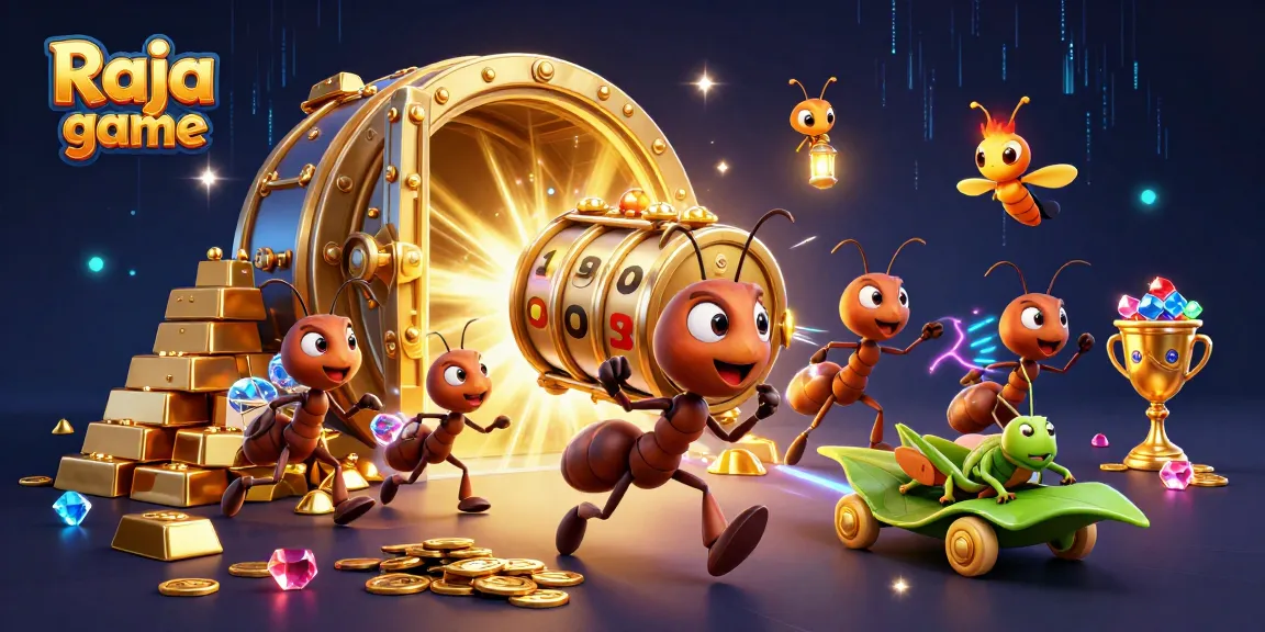 Engage in thrilling Raja game action with ants heisting a golden slot reel in a casino-themed escape.