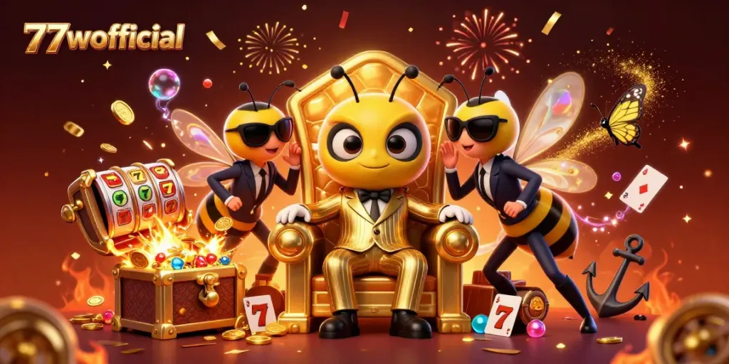 Play with the vibrant elements of 77wofficial’s casino scene featuring a bumblebee mob boss and gold treasures.