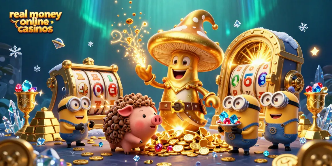 Engage in exciting real money online casinos with a golden wizard and treasure in a magical 3D scene.