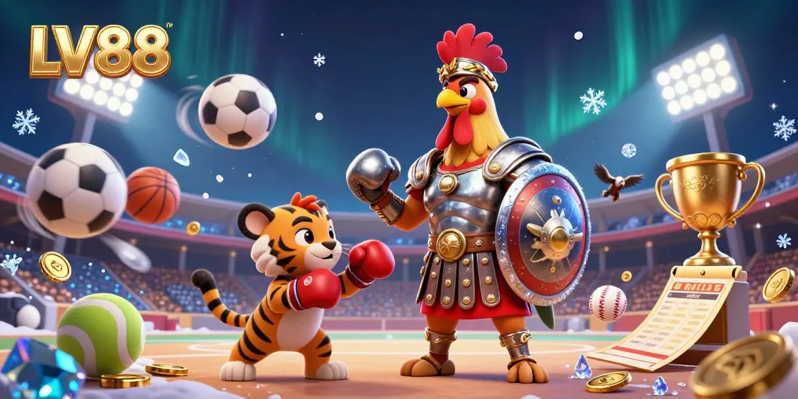 Witness the excitement of LV88 with a dynamic 3D gaming scene featuring a gladiator rooster, tiger cub, and sports elements.