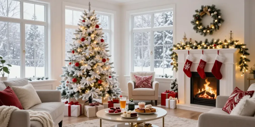 Enchanting living room with artificial white Xmas trees, festive decorations, and cozy ambiance.