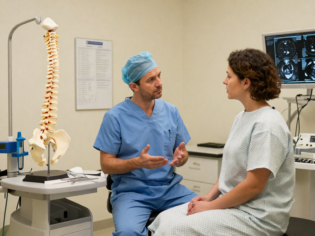 Bel fıtığı ameliyatı consultation in a modern medical setting with a compassionate surgeon.