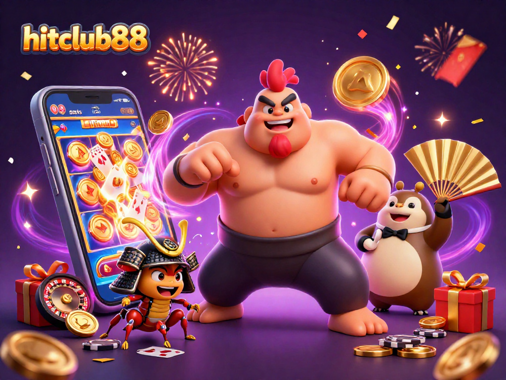 Experience hitclub88 in a vibrant 3D illustration where characters engage with dynamic casino elements like slot games and cards.