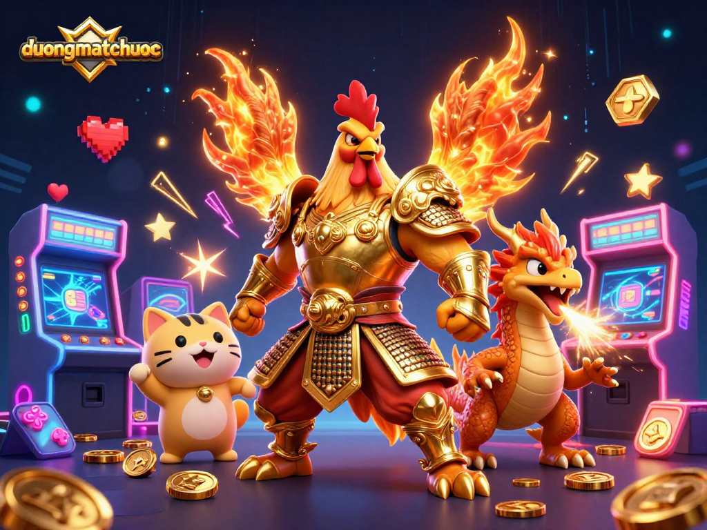 Engage with duongmatchuoc in this vibrant scene featuring a warrior rooster and dragon, surrounded by gaming elements.