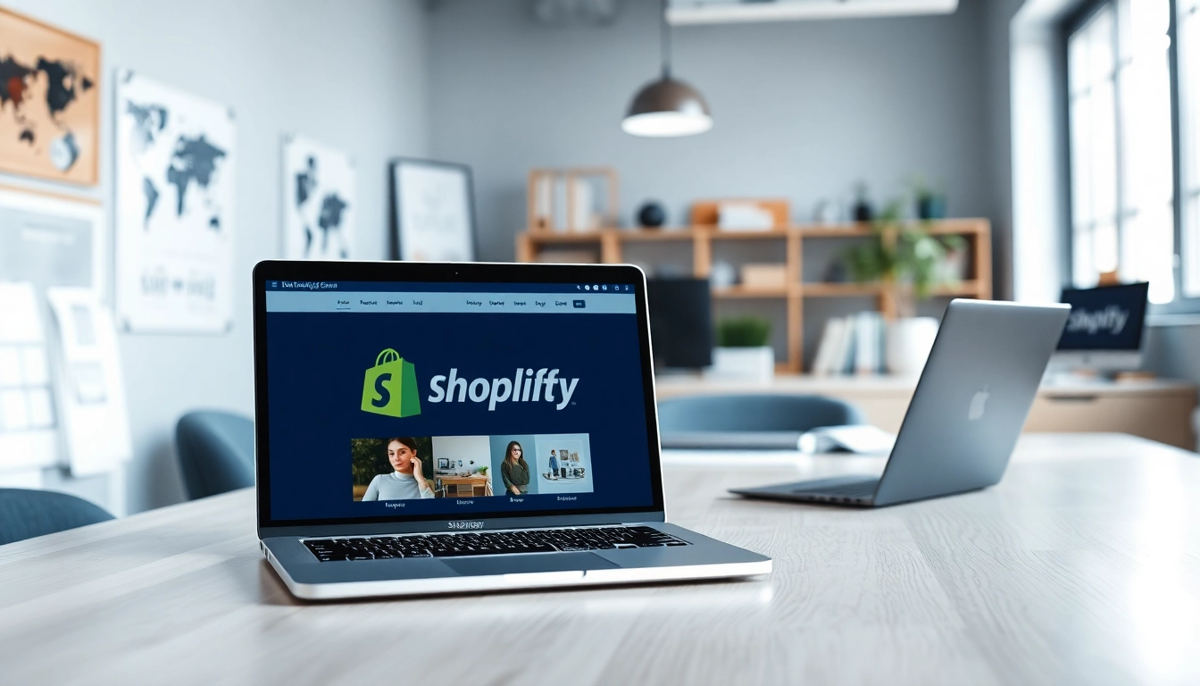 Implement Shopify website development services showcased in a modern workspace with a designer.